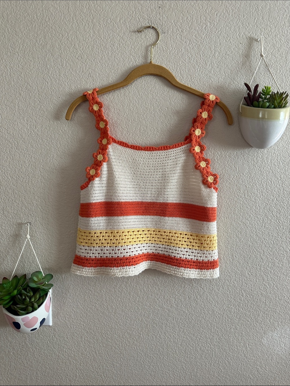 Zara Knit Crochet Floral Striped Crop Top Tank Top Large